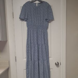 Blue and White Tiered Maxi Sundress with Puff Sleeves